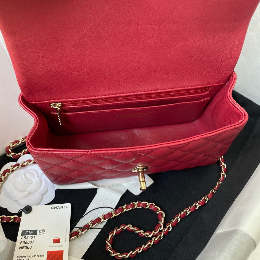 Chanel AS2431 mini flap bag with top handle lambskin red
