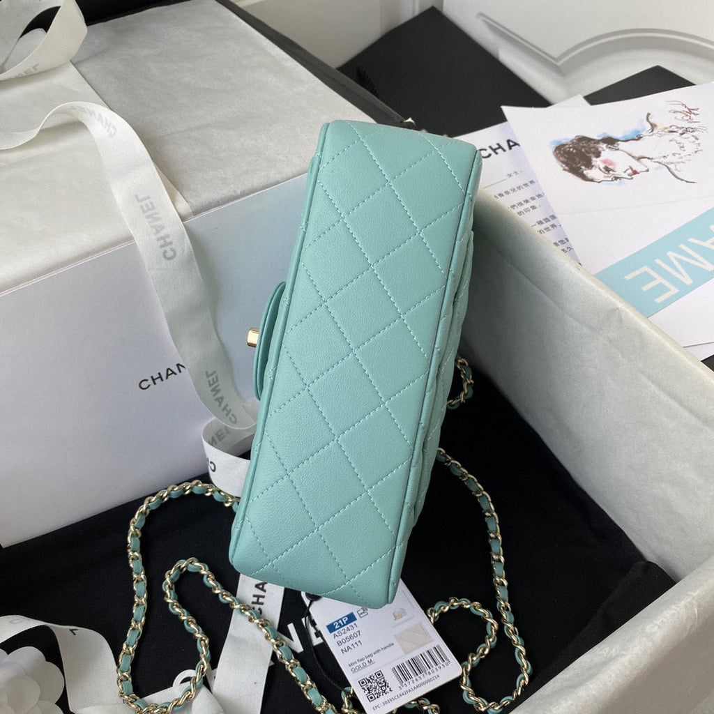 Chanel AS2431 mini flap bag with top handle lambskin blue
