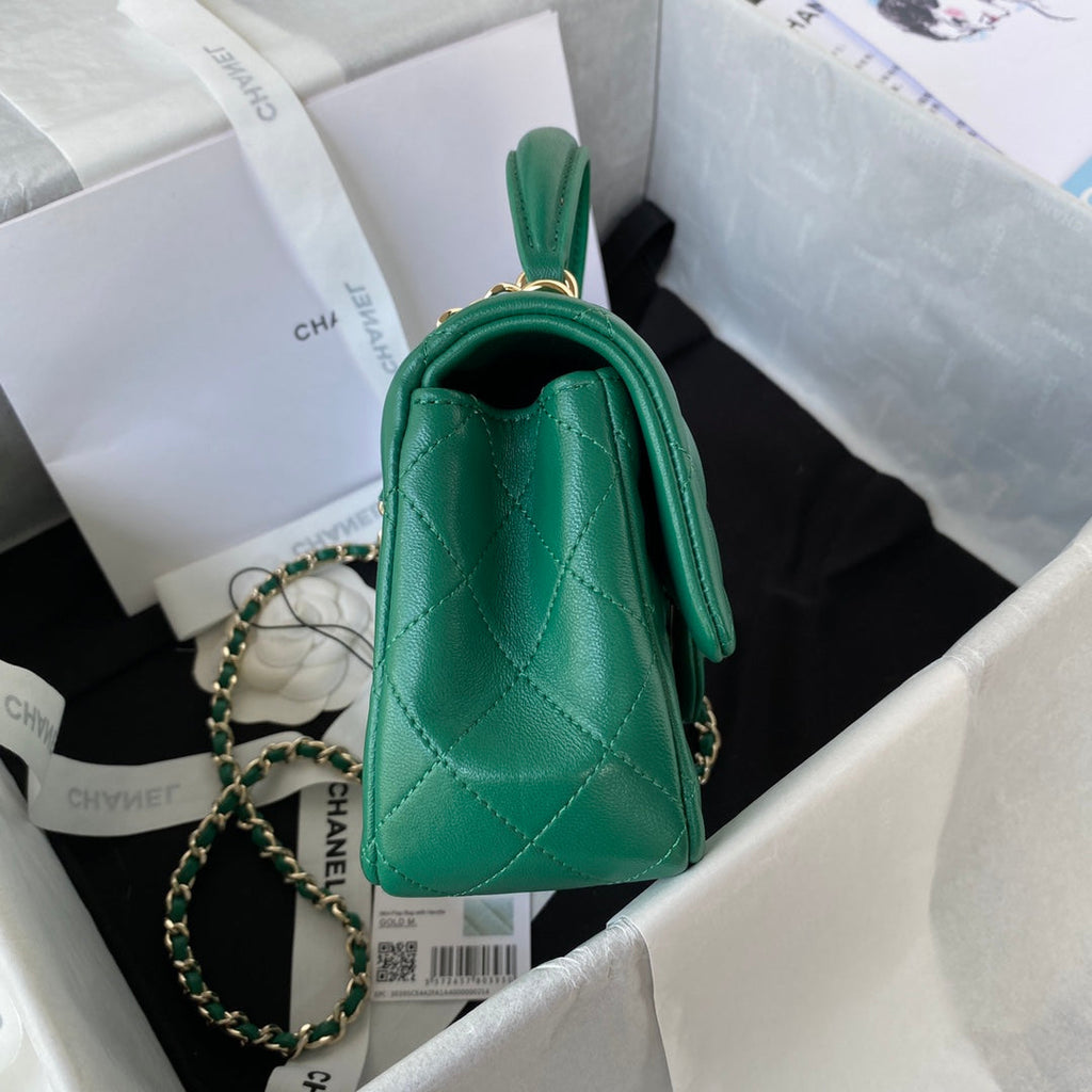 Chanel AS2431 mini flap bag with top handle lambskin green