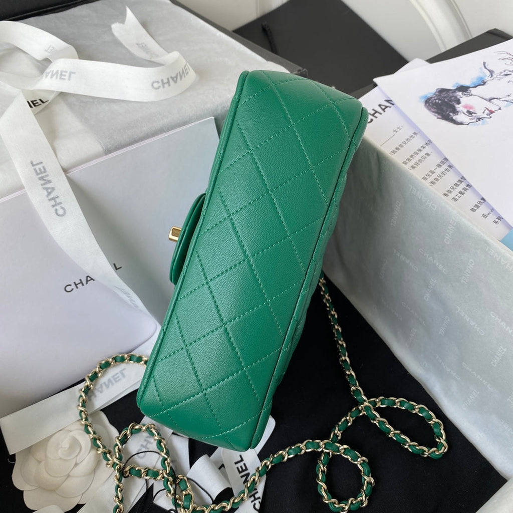 Chanel AS2431 mini flap bag with top handle lambskin green