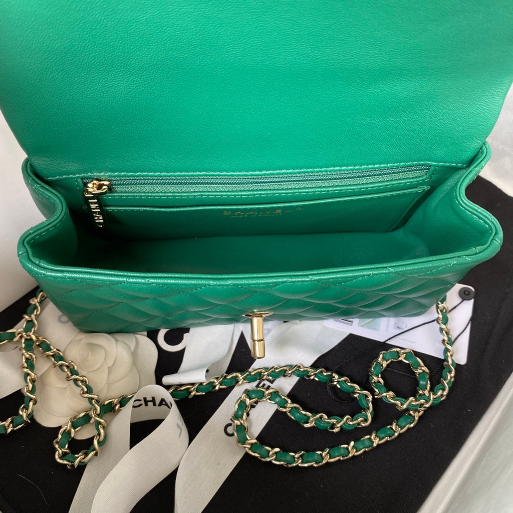 Chanel AS2431 mini flap bag with top handle lambskin green