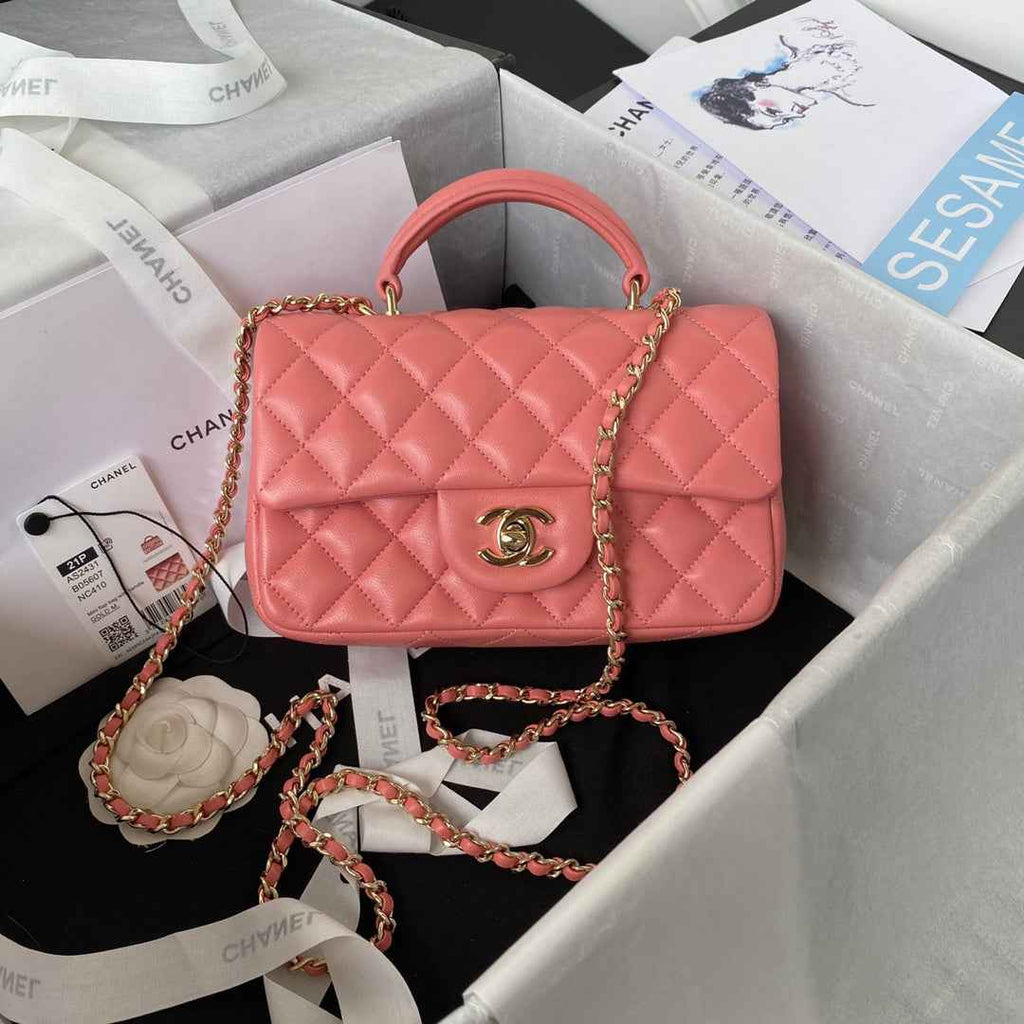 Chanel AS2431 mini flap bag with top handle lambskin pink