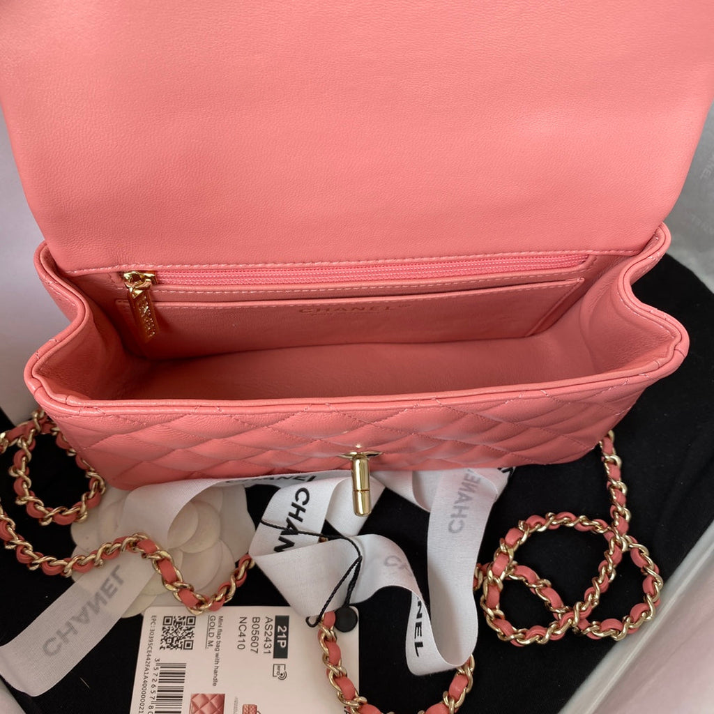 Chanel AS2431 mini flap bag with top handle lambskin pink