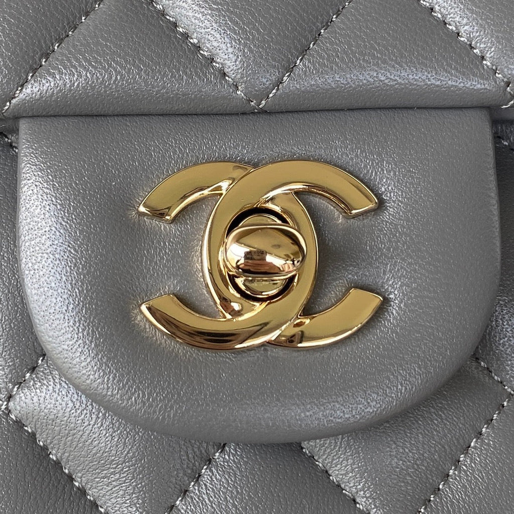 Chanel AS2431 mini flap bag with top handle lambskin gray