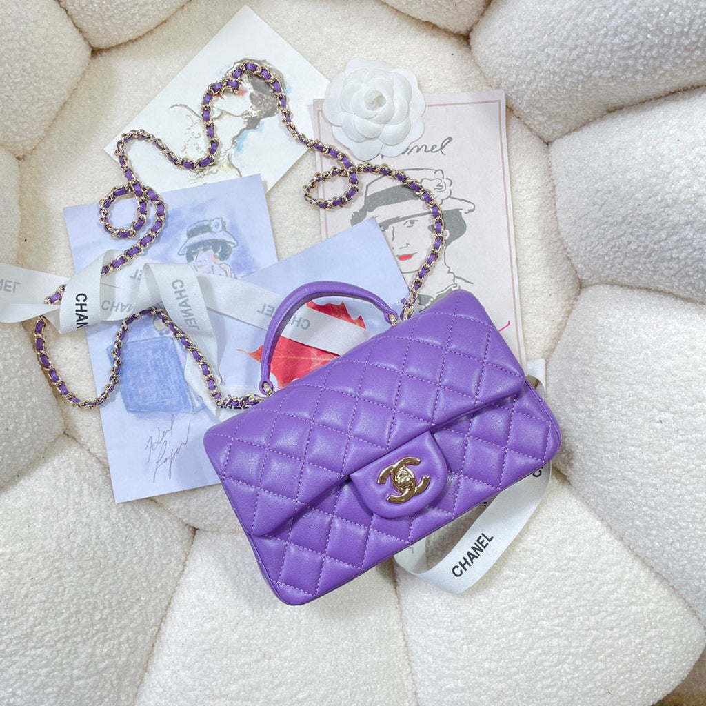 Chanel AS2431 mini flap bag with top handle lambskin Purple