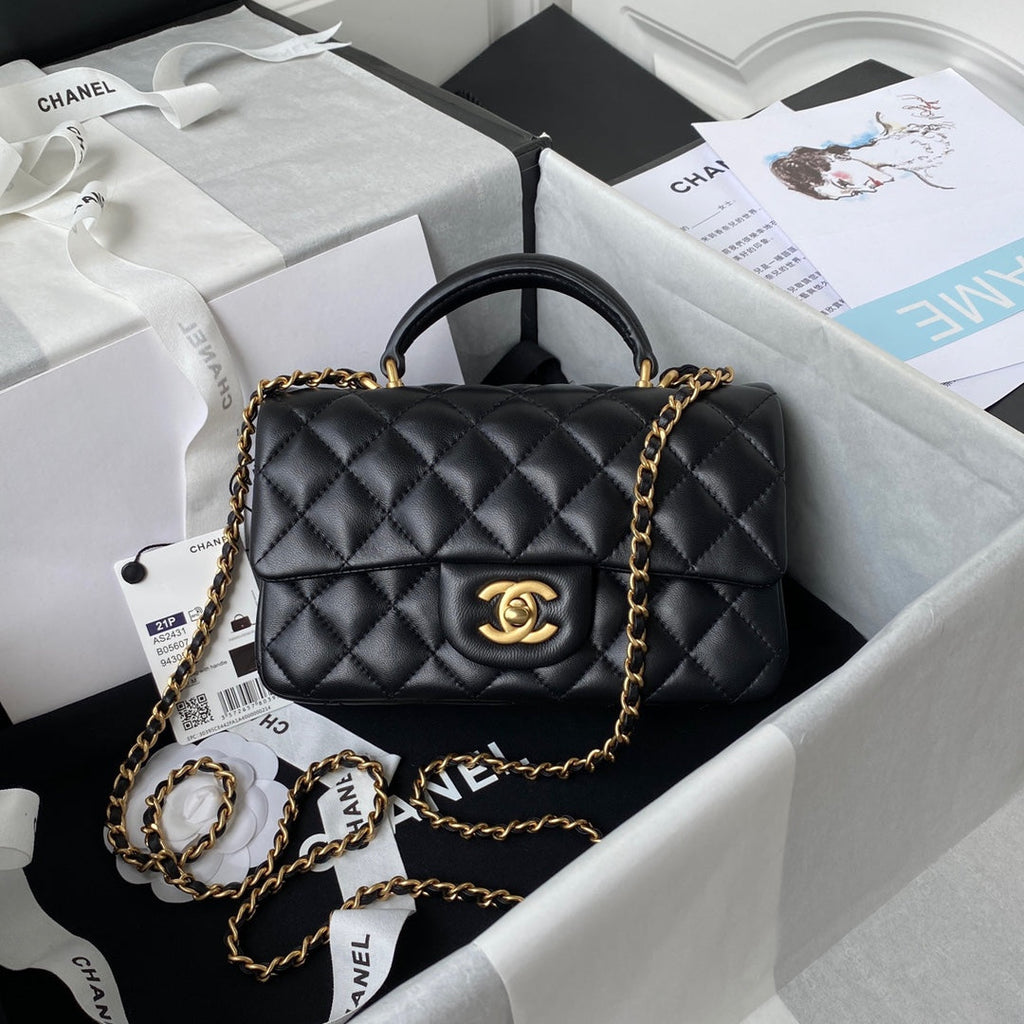 Chanel AS2431 mini flap bag with top handle lambskin black
