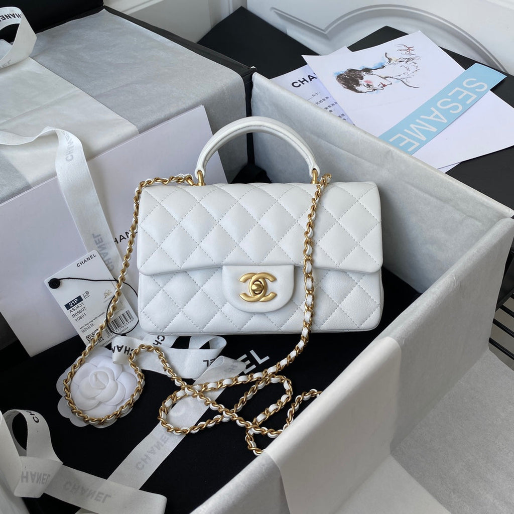 Chanel AS2431 mini flap bag with top handle lambskin white