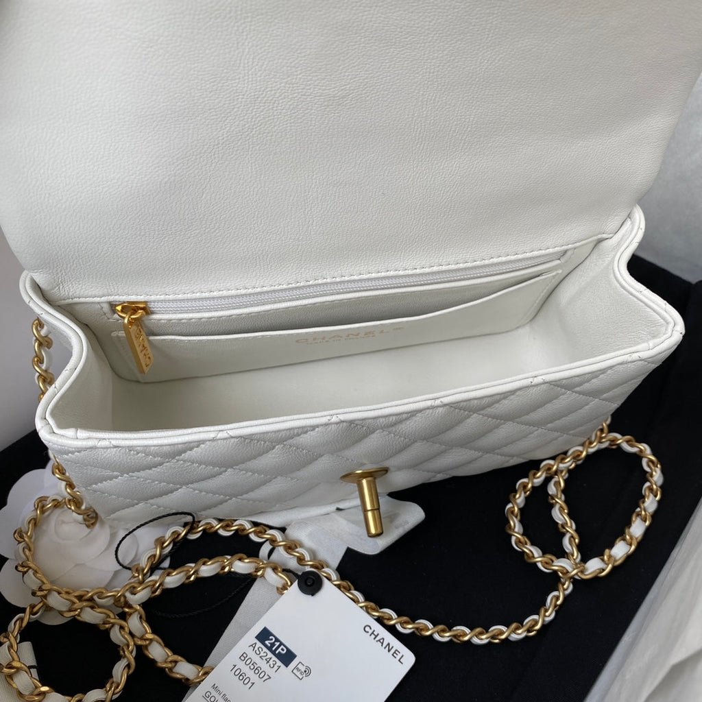Chanel AS2431 mini flap bag with top handle lambskin white
