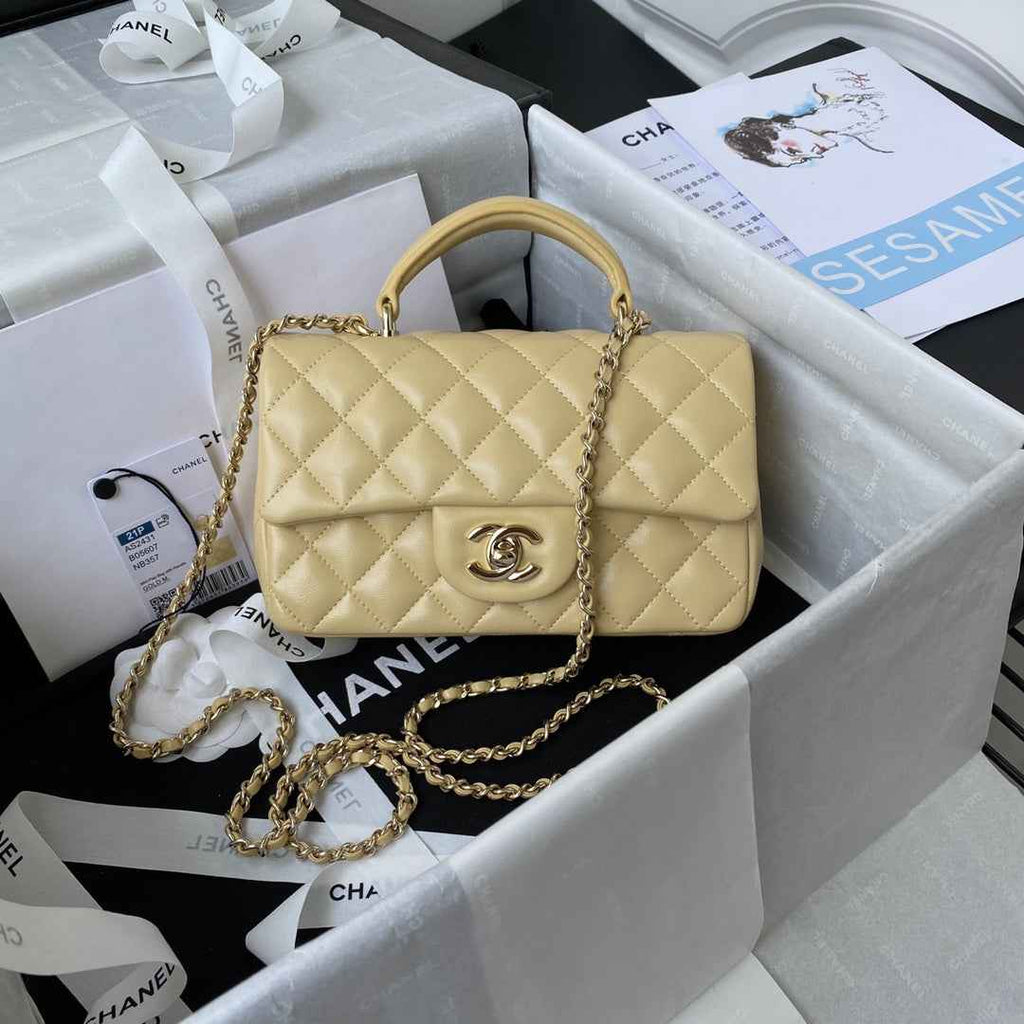 Chanel AS2431 mini flap bag with top handle lambskin beige