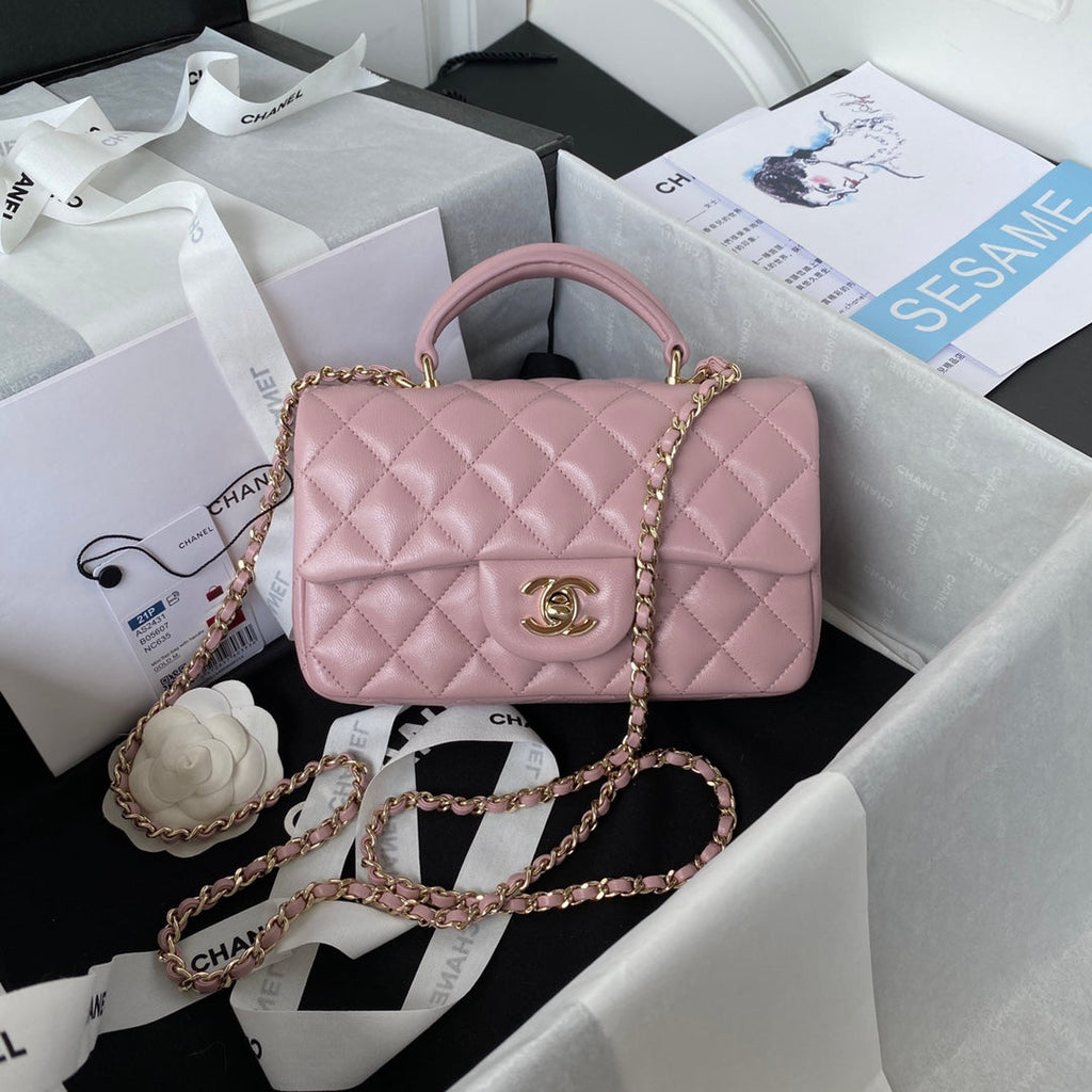 Chanel AS2431 mini flap bag with top handle lambskin light pink