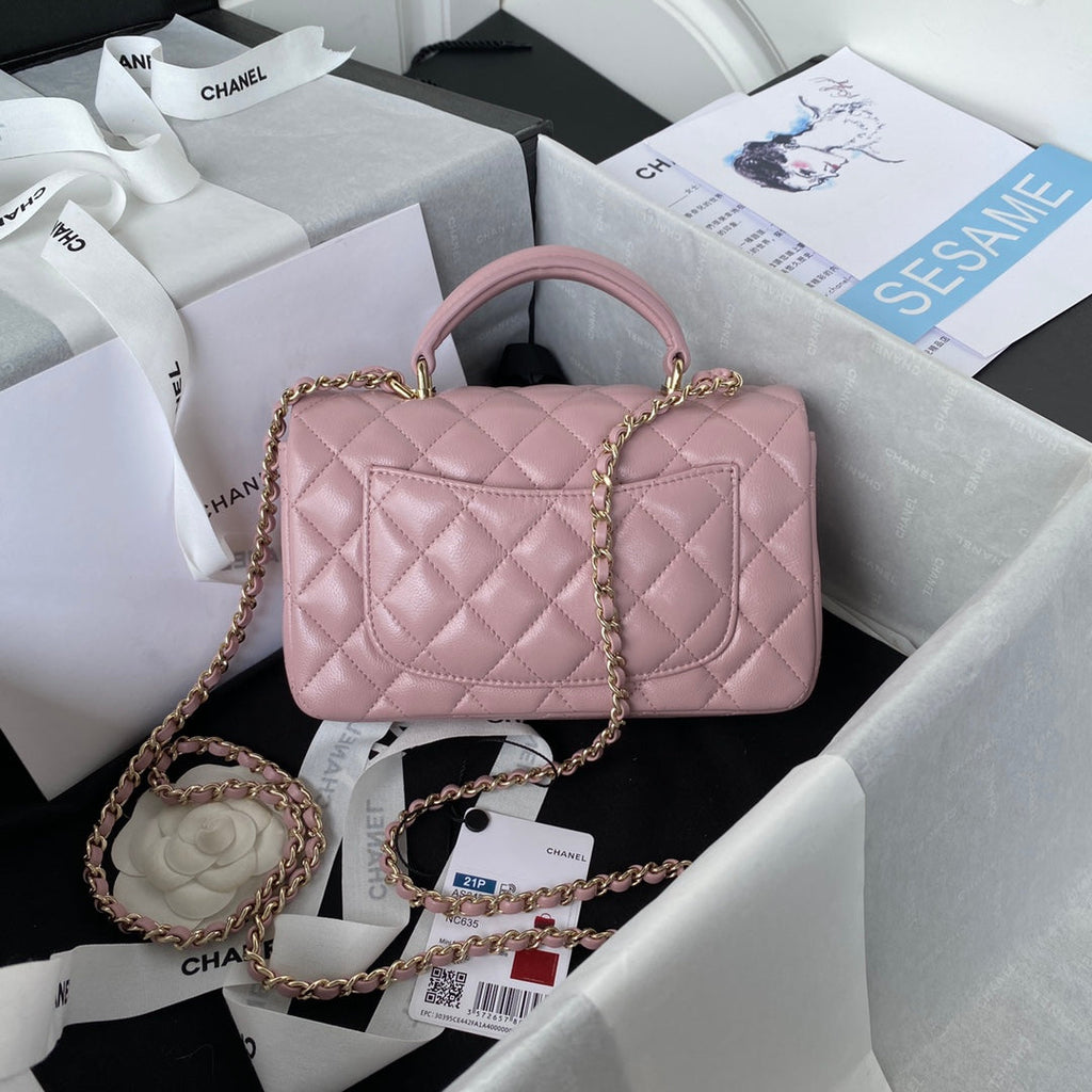 Chanel AS2431 mini flap bag with top handle lambskin light pink