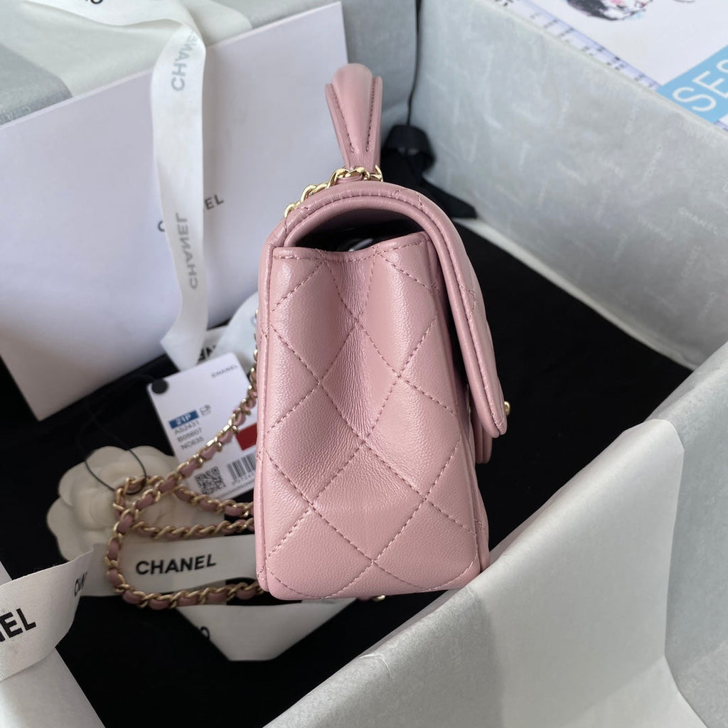 Chanel AS2431 mini flap bag with top handle lambskin light pink