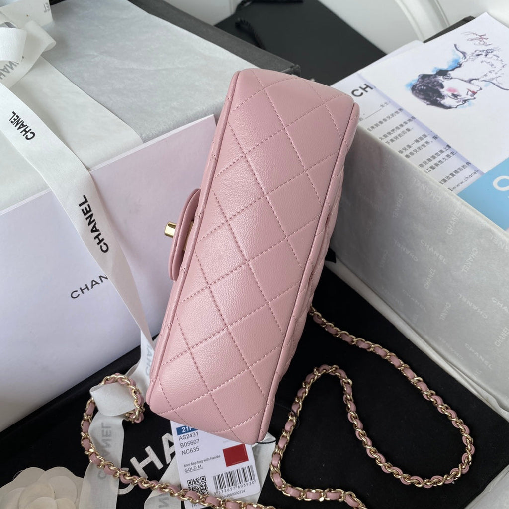Chanel AS2431 mini flap bag with top handle lambskin light pink