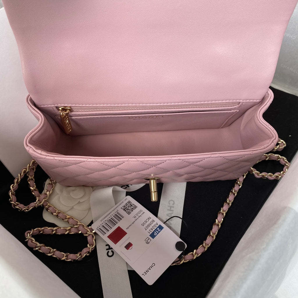 Chanel AS2431 mini flap bag with top handle lambskin light pink