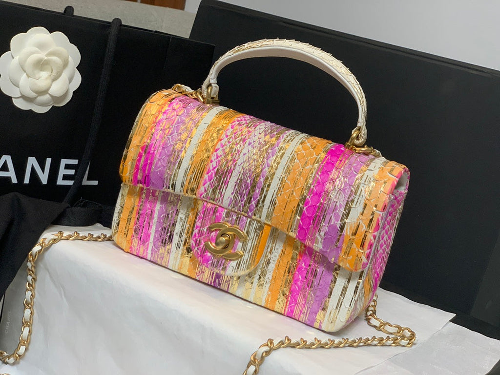 Chanel AS2431 mini flap bag with top handle snake leather pink