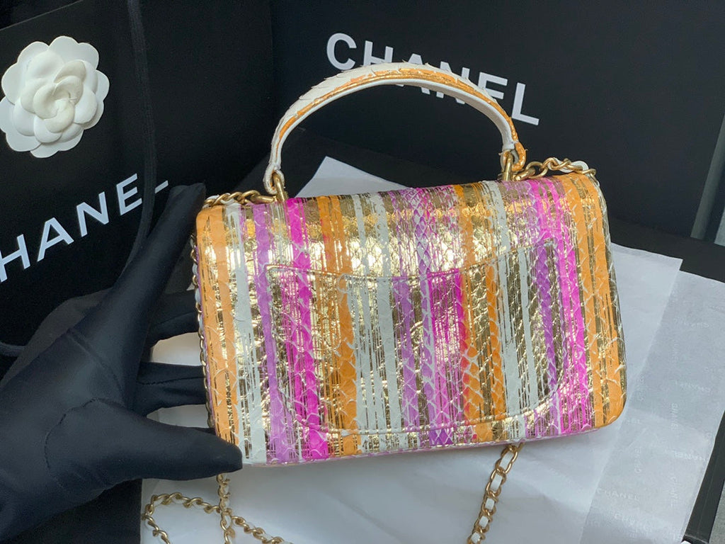 Chanel AS2431 mini flap bag with top handle snake leather pink