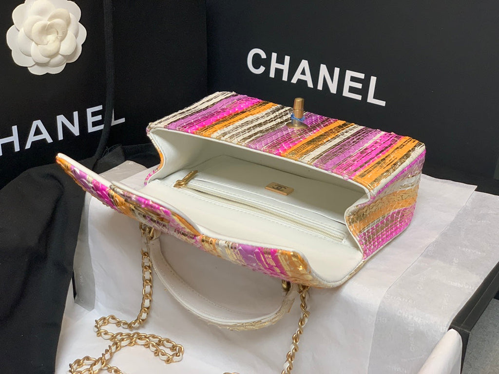 Chanel AS2431 mini flap bag with top handle snake leather pink