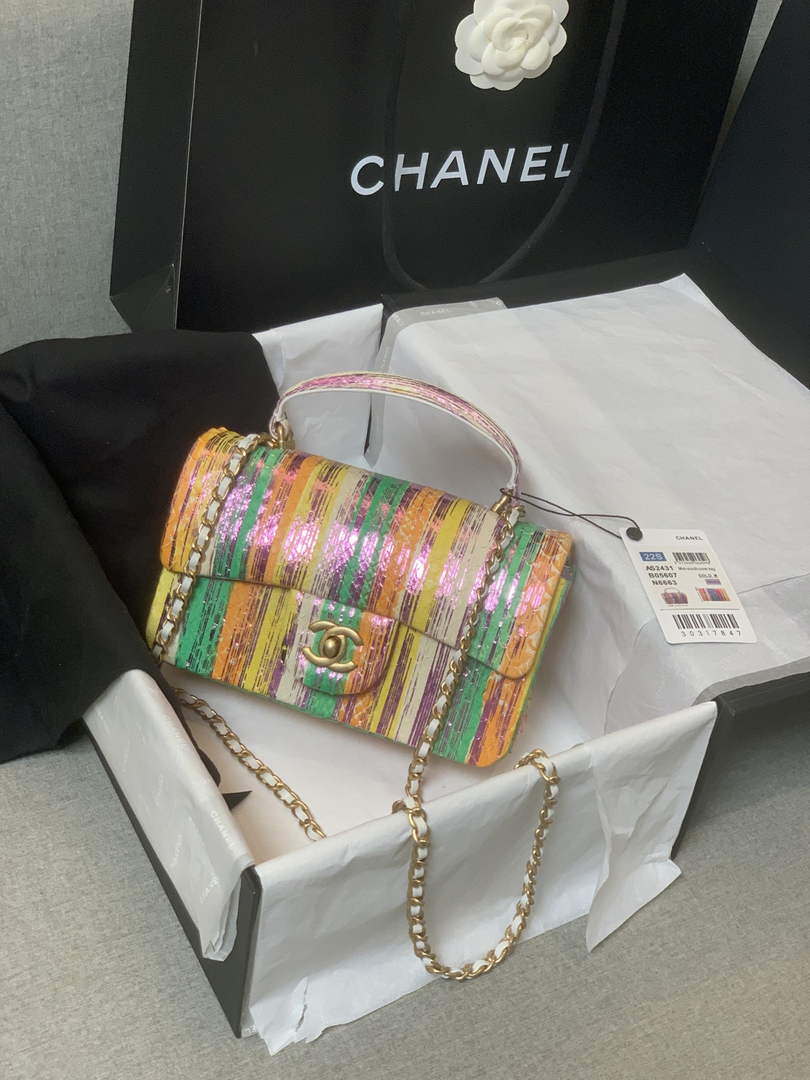 Chanel AS2431 mini flap bag with top handle snake leather green