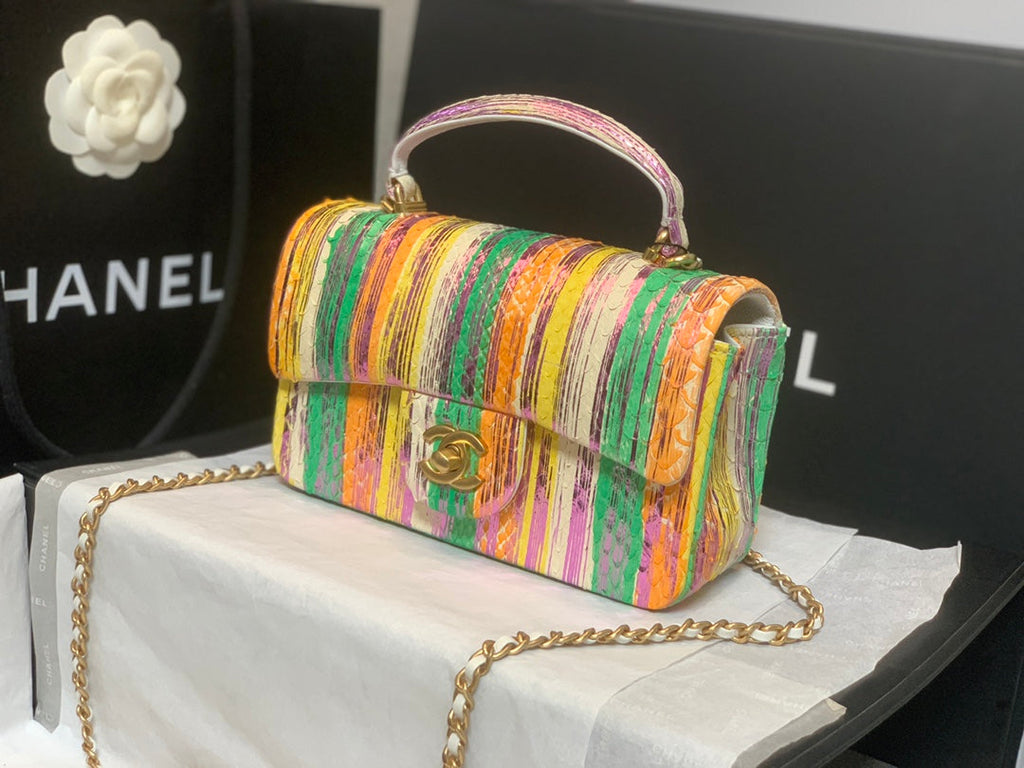 Chanel AS2431 mini flap bag with top handle snake leather green