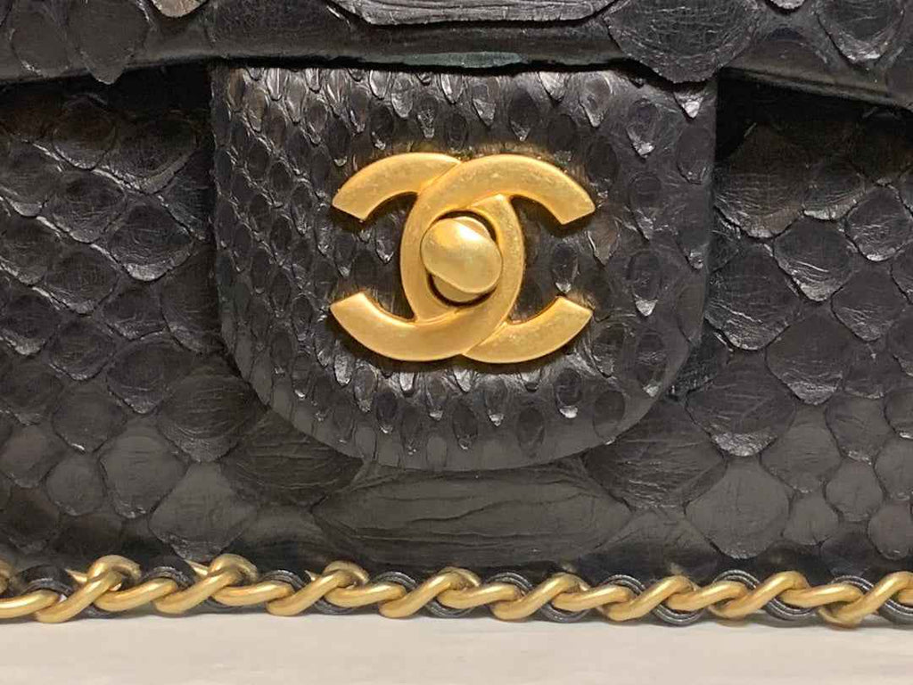 Chanel AS2431 mini flap bag with top handle snake leather black