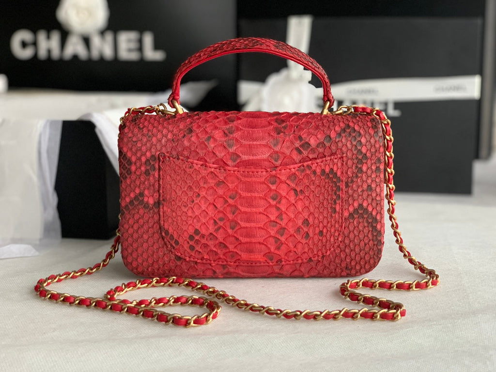 Chanel AS2431 mini flap bag with top handle snake leather red