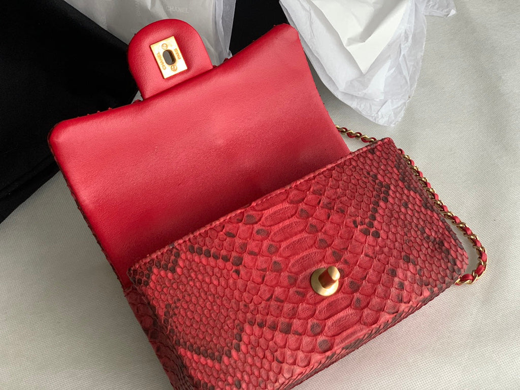 Chanel AS2431 mini flap bag with top handle snake leather red