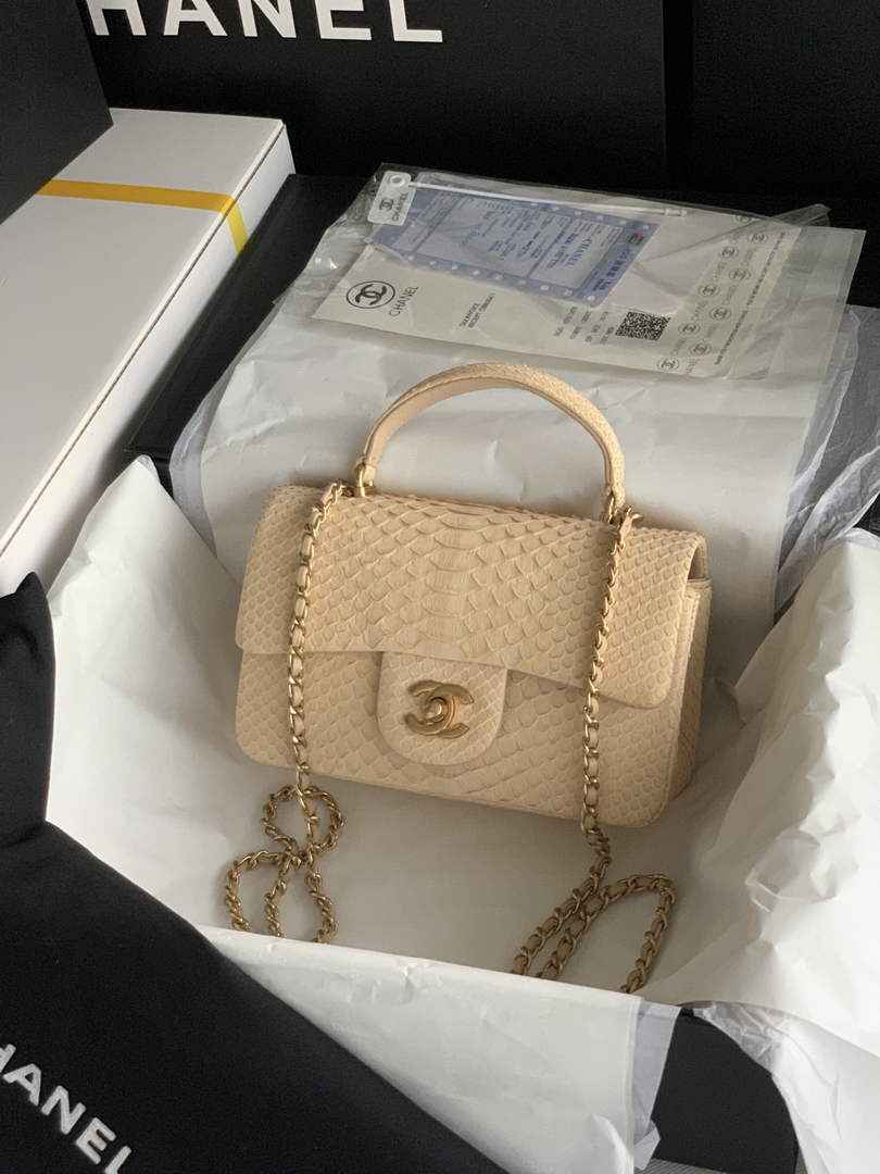Chanel AS2431 mini flap bag with top handle snake leather beige