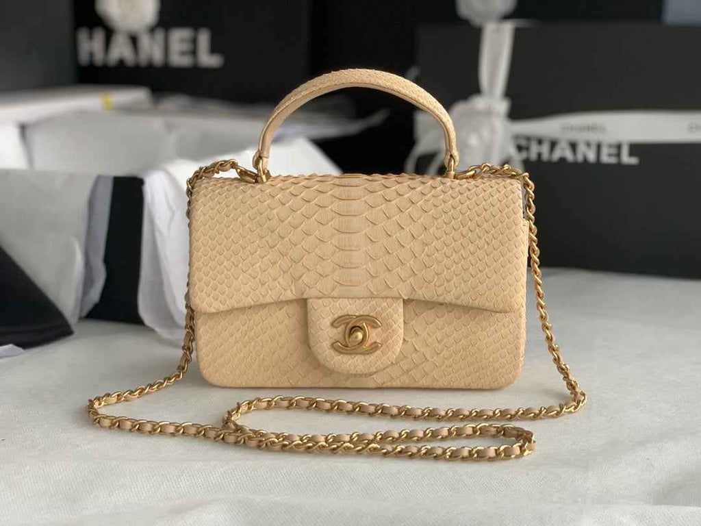 Chanel AS2431 mini flap bag with top handle snake leather beige