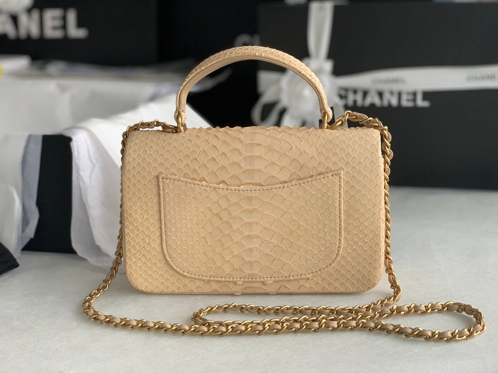 Chanel AS2431 mini flap bag with top handle snake leather beige