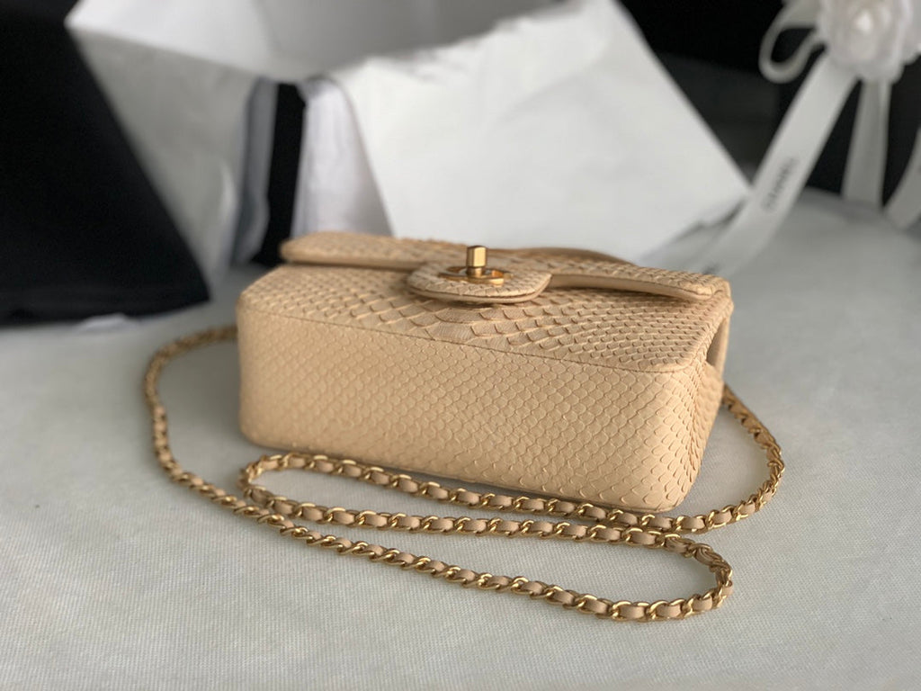 Chanel AS2431 mini flap bag with top handle snake leather beige