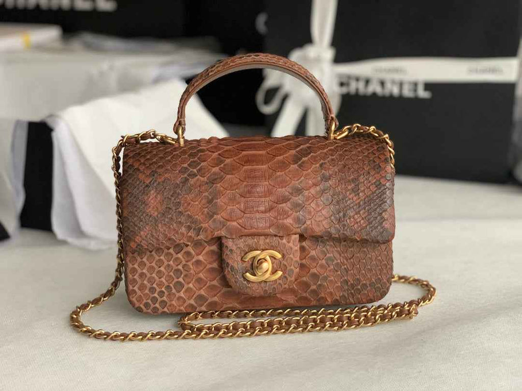 Chanel AS2431 mini flap bag with top handle snake leather brown