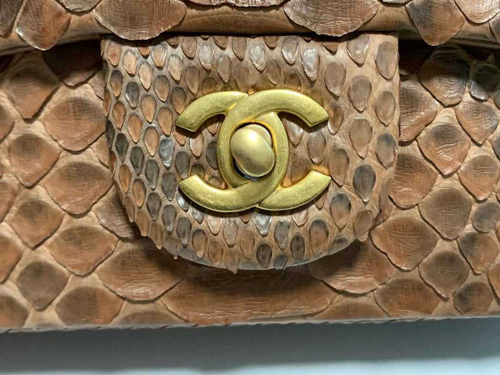 Chanel AS2431 mini flap bag with top handle snake leather brown