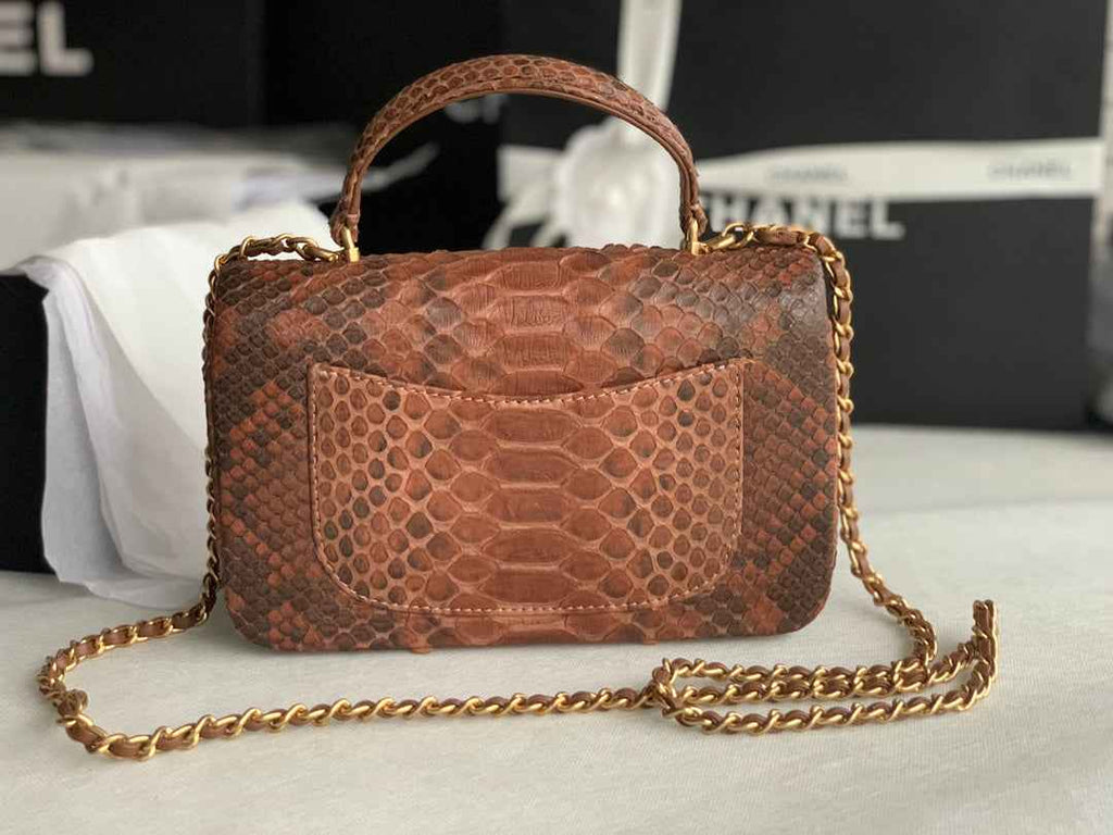 Chanel AS2431 mini flap bag with top handle snake leather brown