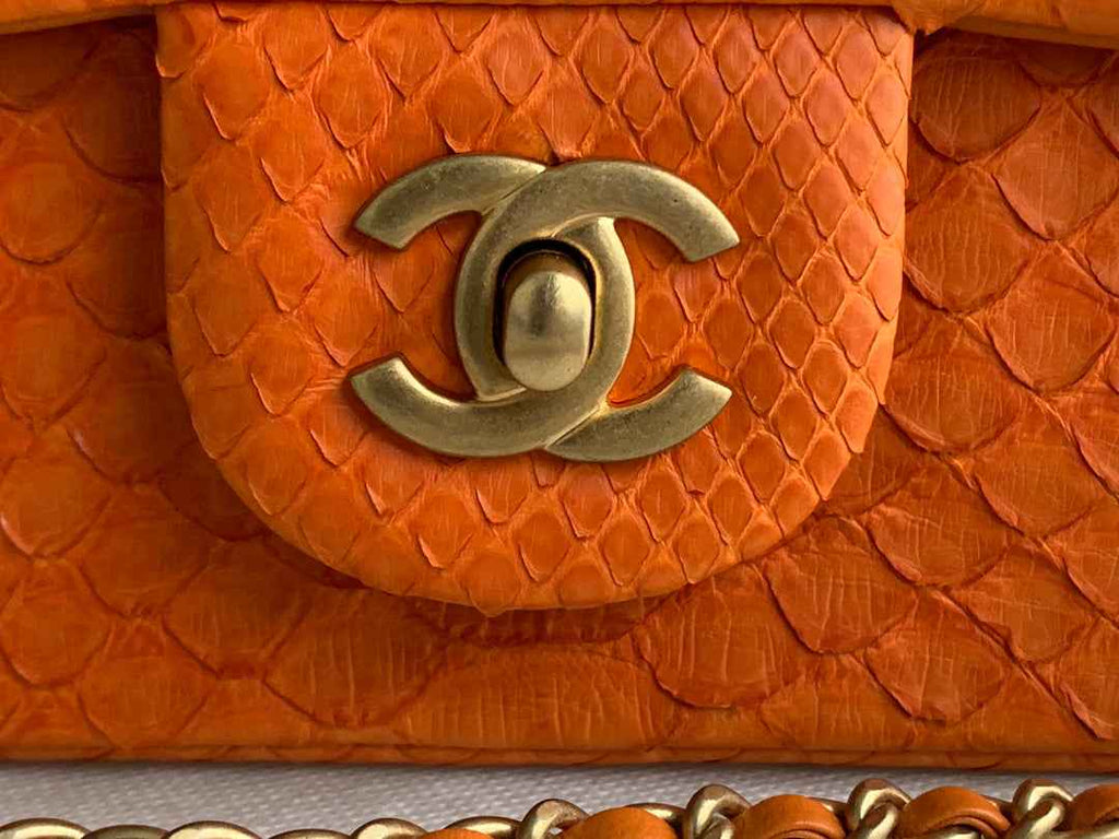 Chanel AS2431 mini flap bag with top handle snake leather orange