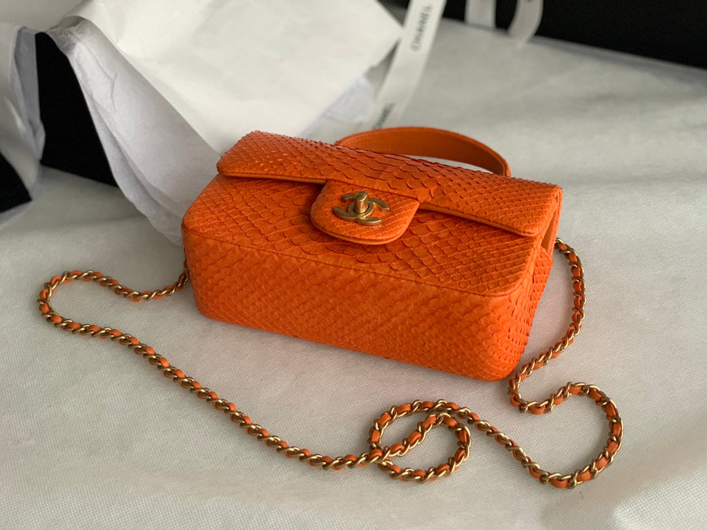 Chanel AS2431 mini flap bag with top handle snake leather orange