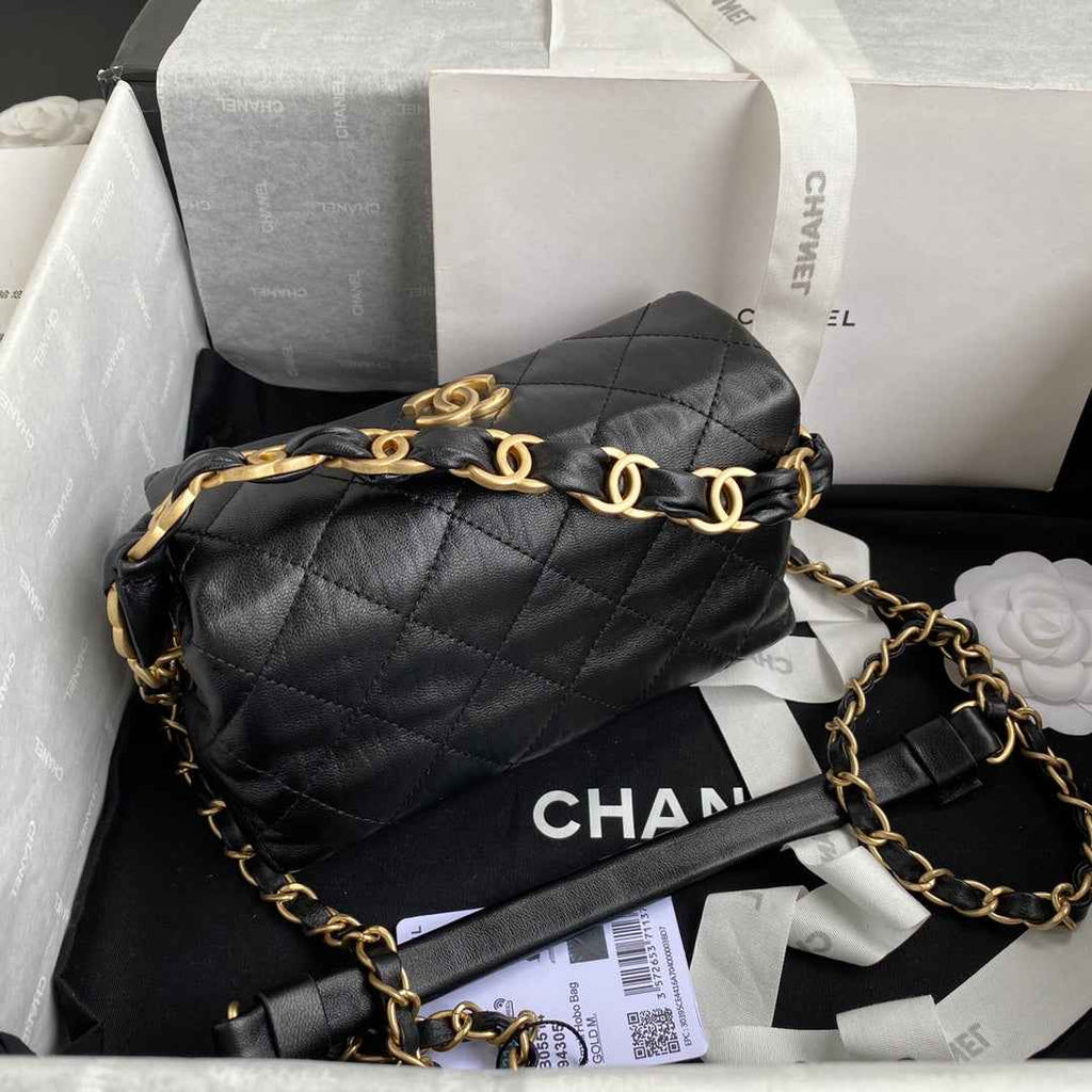 Chanel AS2479 Small Hobo Bag Black Calfskin Gold-Tone Metal