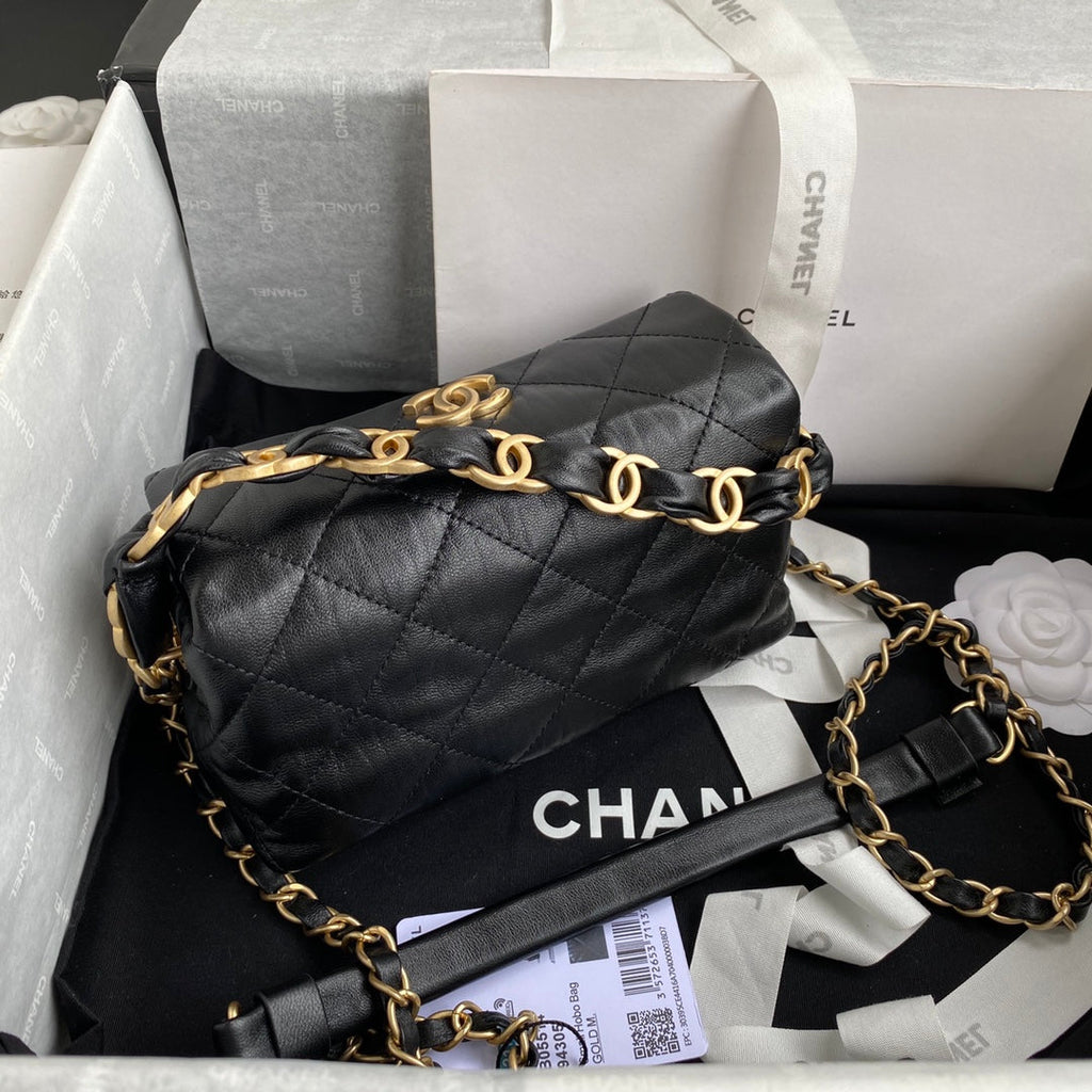 Chanel AS2479 Small Hobo Bag Black Calfskin Gold-Tone Metal