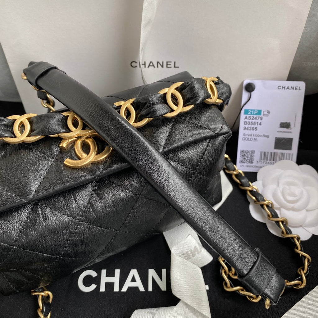 Chanel AS2479 Small Hobo Bag Black Calfskin Gold-Tone Metal