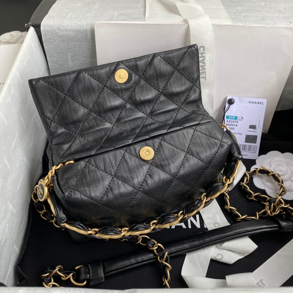 Chanel AS2479 Small Hobo Bag Black Calfskin Gold-Tone Metal