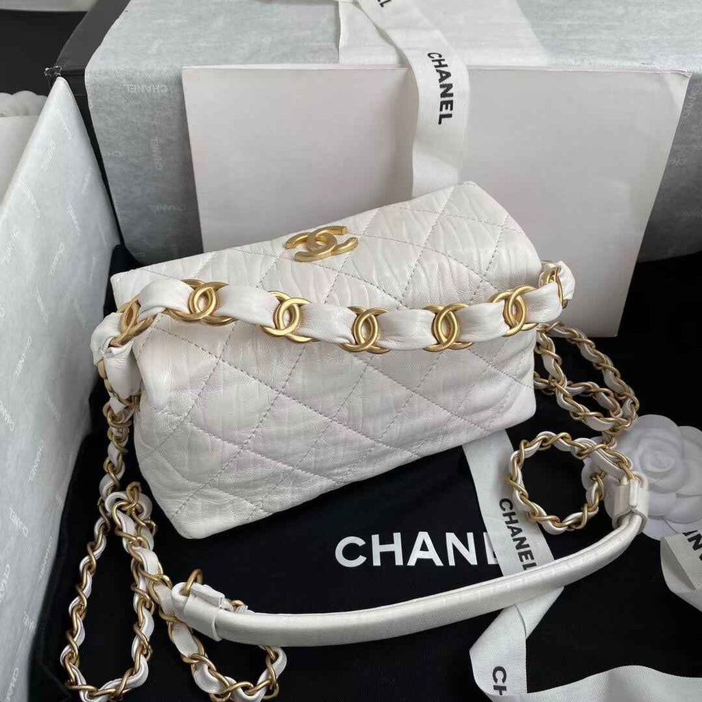 Chanel AS2479 Small Hobo Bag White Calfskin Gold-Tone Metal