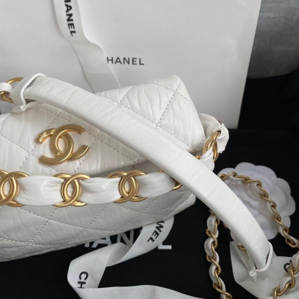 Chanel AS2479 Small Hobo Bag White Calfskin Gold-Tone Metal