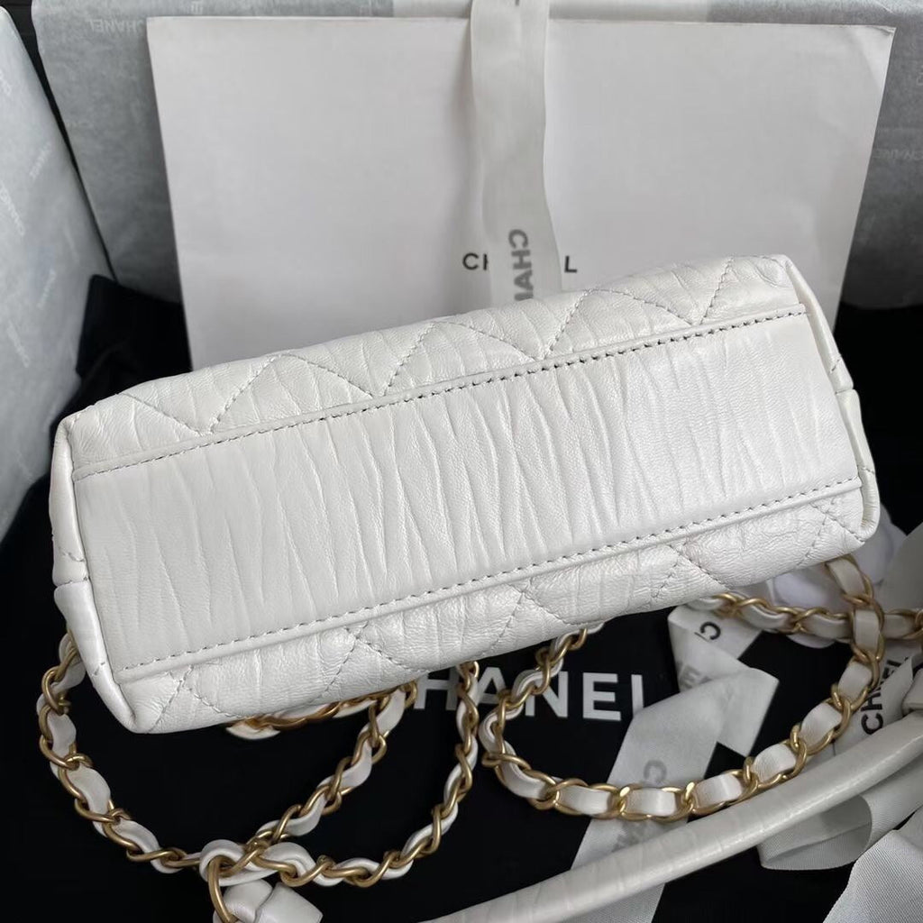 Chanel AS2479 Small Hobo Bag White Calfskin Gold-Tone Metal