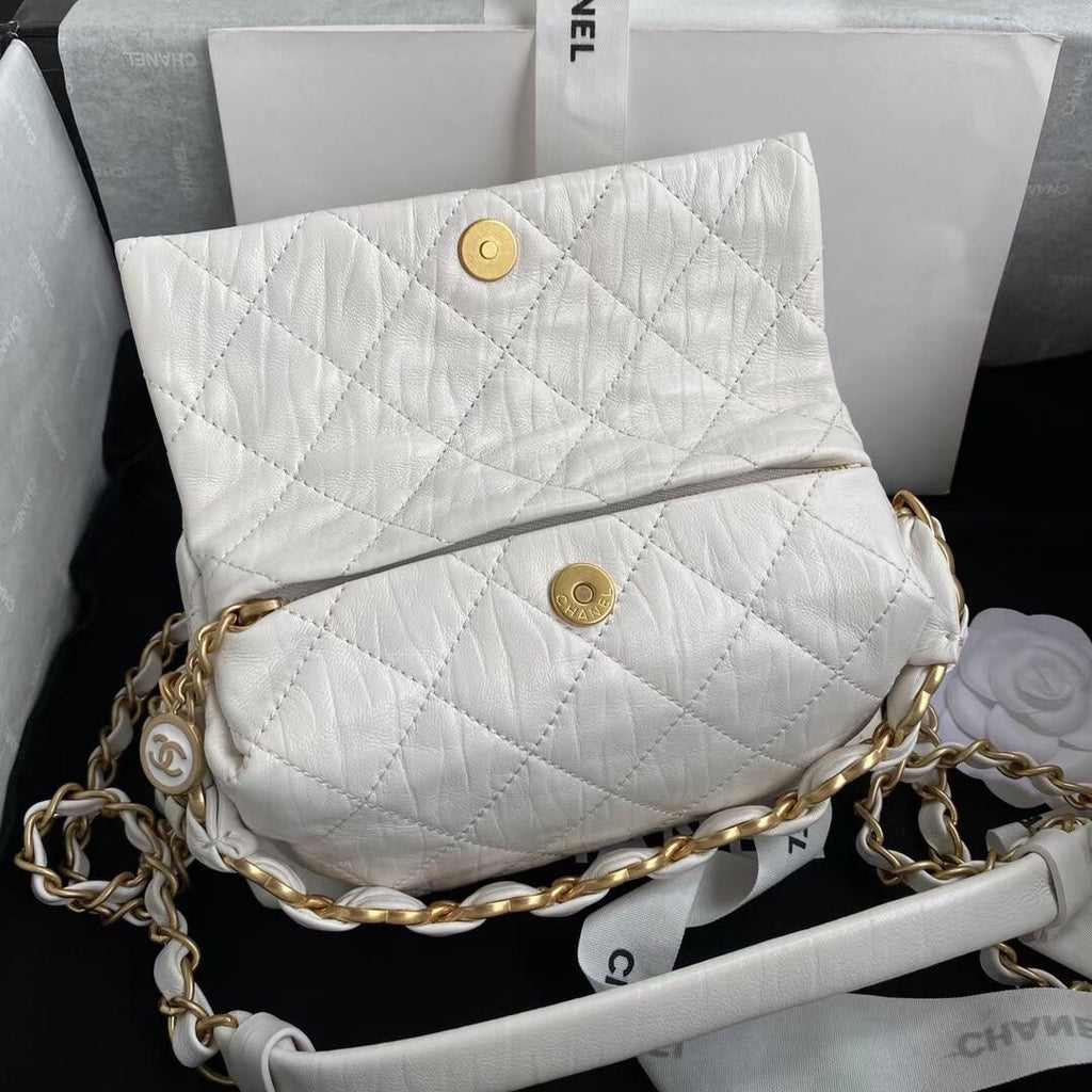 Chanel AS2479 Small Hobo Bag White Calfskin Gold-Tone Metal