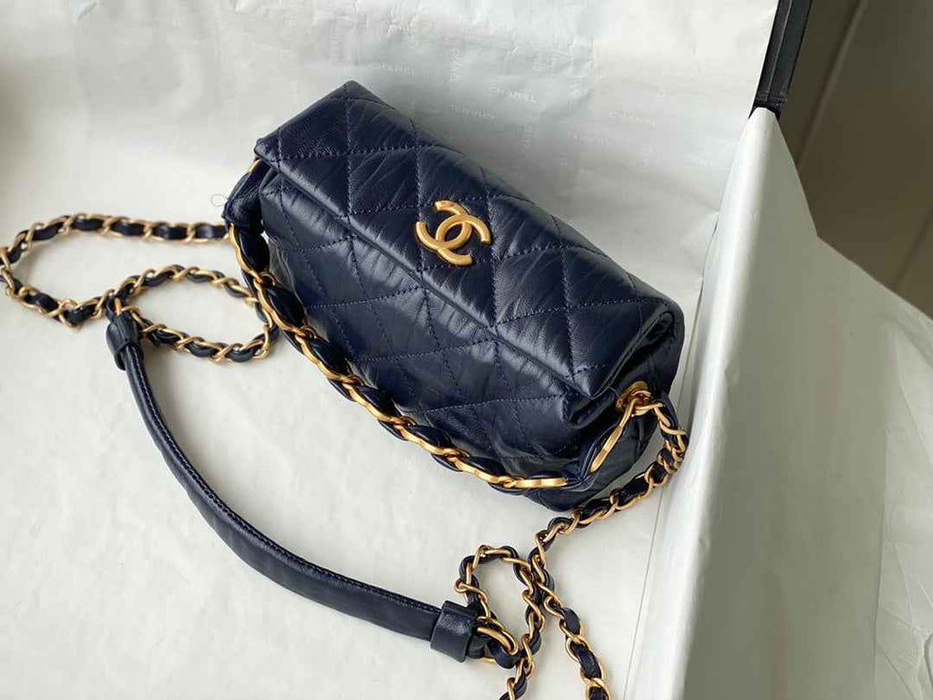 Chanel AS2479 Small Hobo Bag Navy Blue Calfskin Gold-Tone Metal