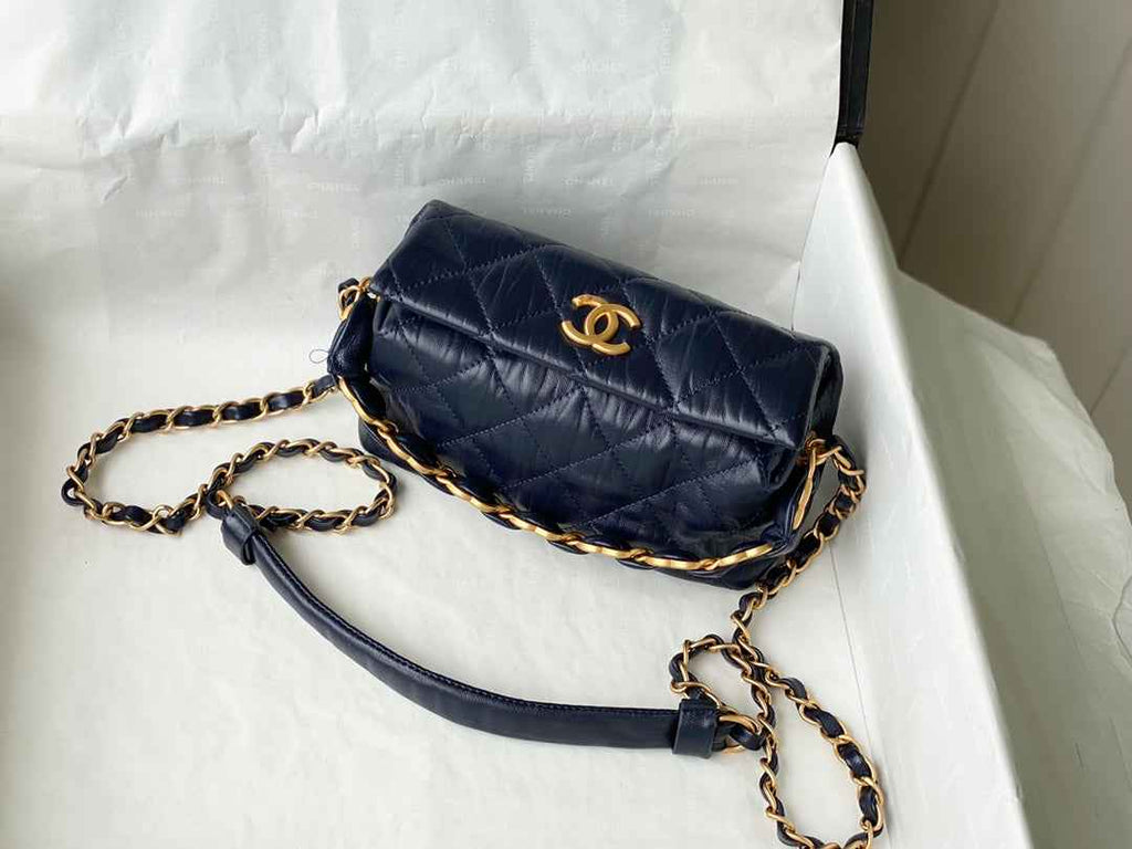 Chanel AS2479 Small Hobo Bag Navy Blue Calfskin Gold-Tone Metal