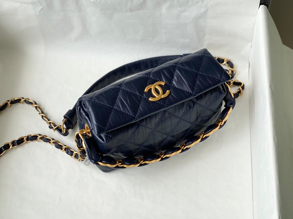 Chanel AS2479 Small Hobo Bag Navy Blue Calfskin Gold-Tone Metal
