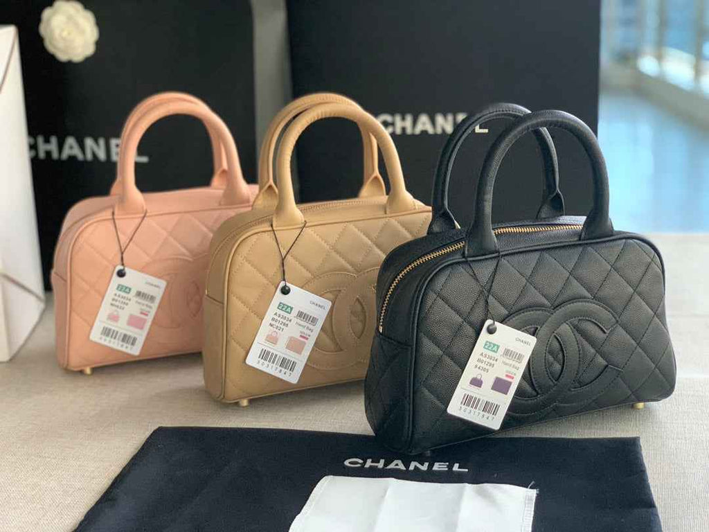 Chanel AS3034 Quilted Caviar Leather Mini Bowler Bag Black