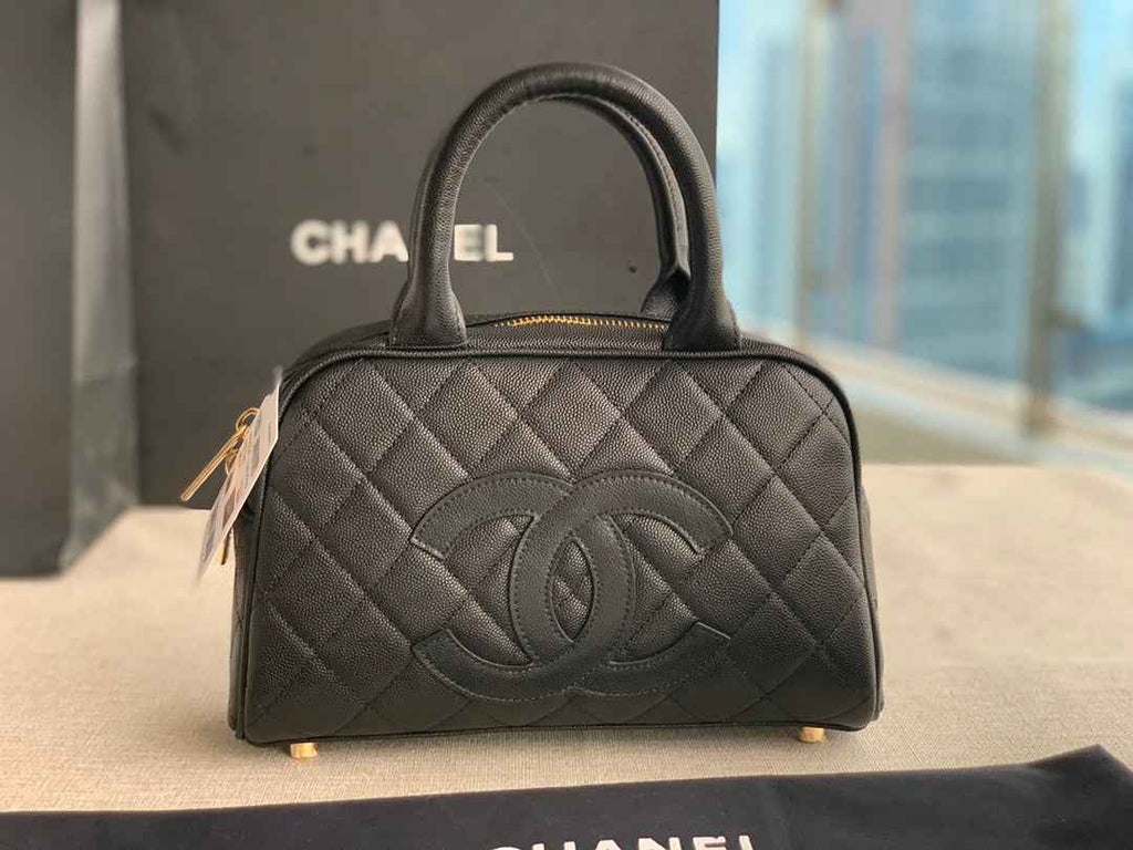 Chanel AS3034 Quilted Caviar Leather Mini Bowler Bag Black