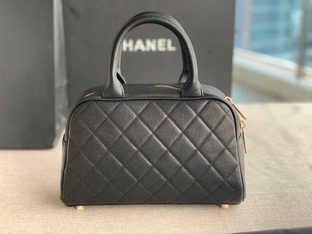 Chanel AS3034 Quilted Caviar Leather Mini Bowler Bag Black