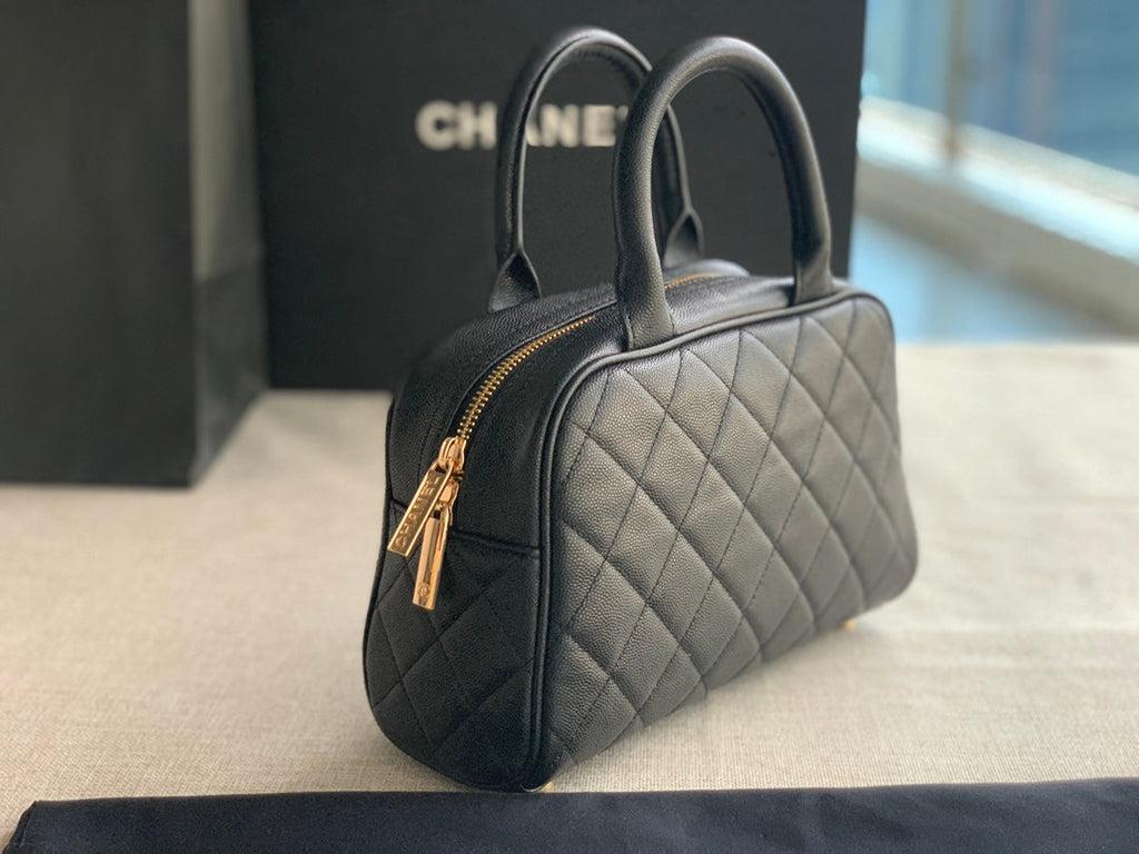 Chanel AS3034 Quilted Caviar Leather Mini Bowler Bag Black